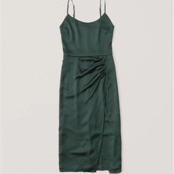 Abercrombie & Fitch Size S Small Dark Green Satin Ruched Slip Dress Side Slit - Picture 1 of 11